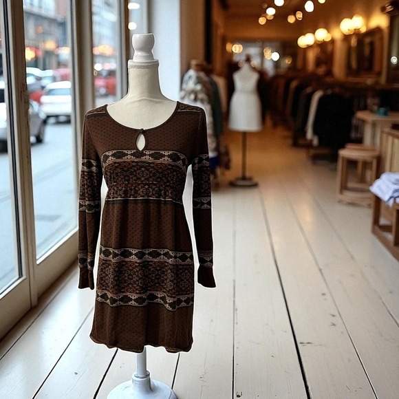 Y2K Speechless Brown Empire Indie Folk Rustic Southwest Mini Dress Long Sleeve - Picture 1 of 7